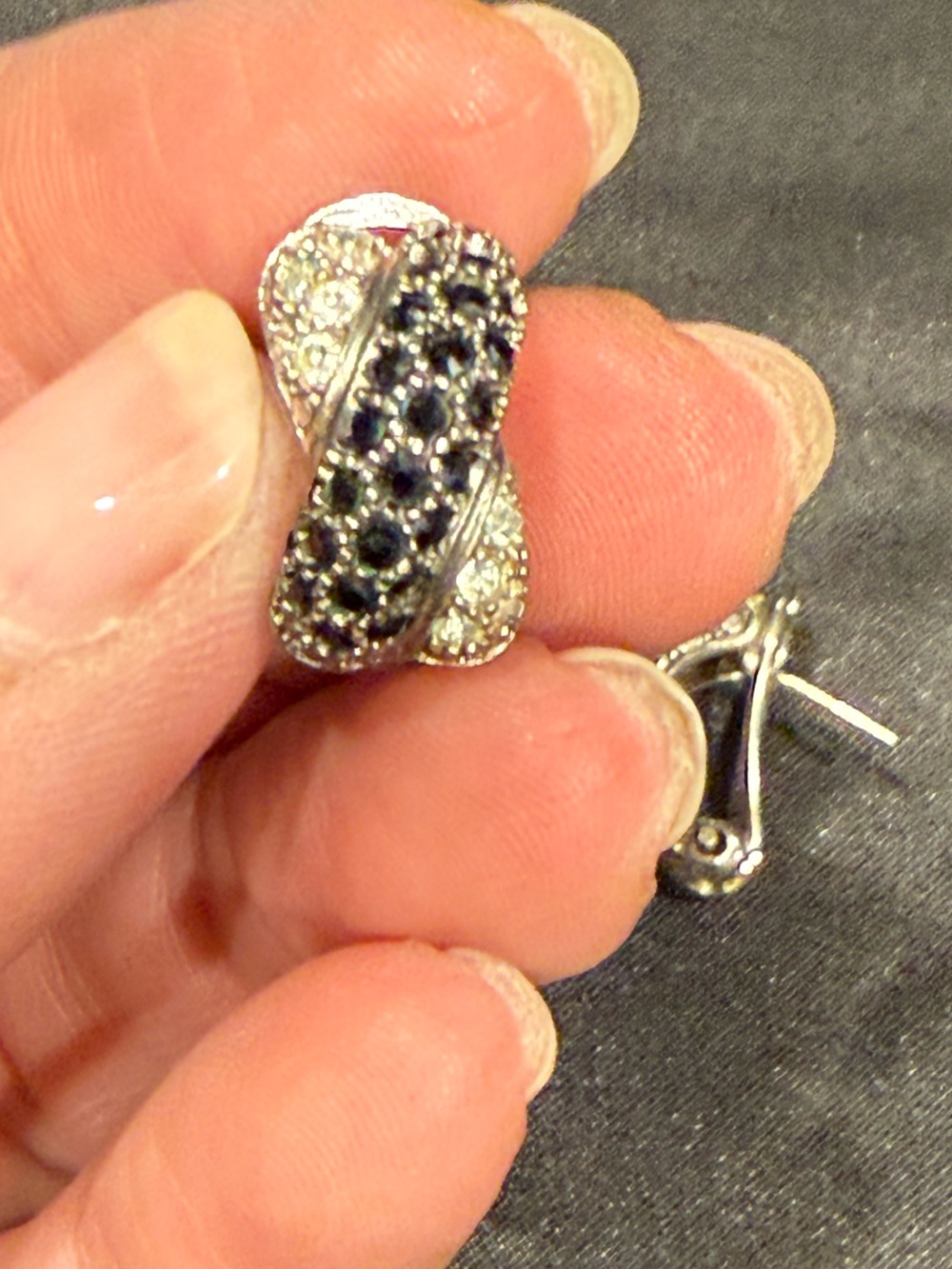 Silver Black & Clear Crystal Half Hoop Earrings Pavé Statement Huggies